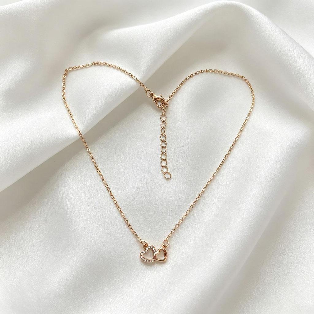 Heart Interlocking Necklace Women Korean Version Double Ring Heart-shaped Niche Sweet Design Net Red Collarbone Chain Versatile Gold Pendant