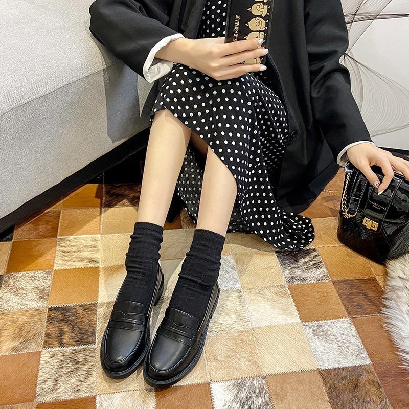 Mocasini cu platformă și o pedală, pantofi simpli pentru femei, primăvara și vara, pantofi mici din piele britanici, pantofi de lucru, retro negri, plat