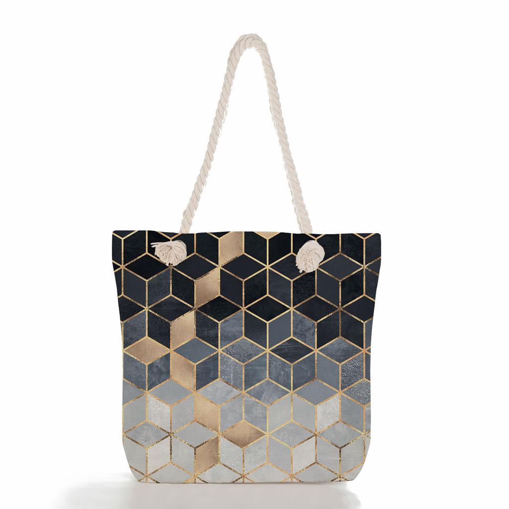 Multifunctional Geometric Shapes Printed Thick Rope Shoulder Beach Bag Casual Large Capacity Handbag 7591