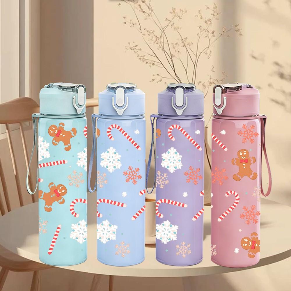 1PC Gingerbread Cookie Christmas Pattern 750ml Color Plastic Sports Water Bottle Leakproof Flip Straw Lid Suitable for Sports Office Home Use