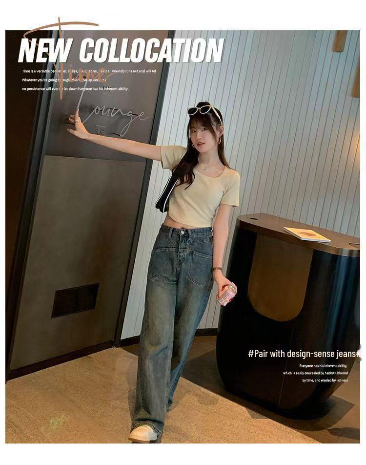 Women's Slim Fit Square Neck Short-Sleeve Tee - Summer Thin, Figure-Flattering, Pure Style, Plain Color Trendy Top