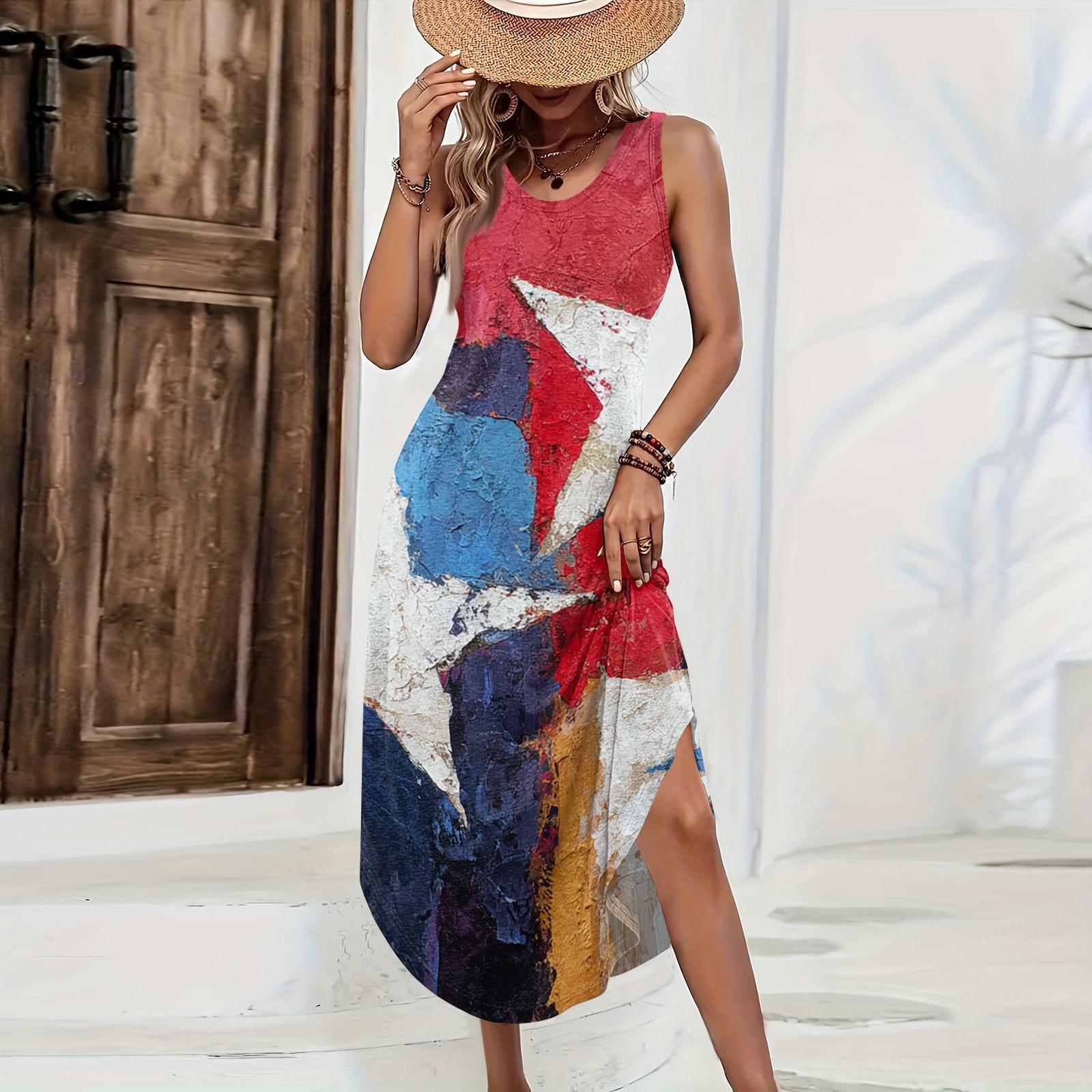 

Women Casual Loose Sleeveless Long Dress with Independence Day Print Summer Holiday Beachwear Maxi Dress for Daily Wear XS Кіновар
