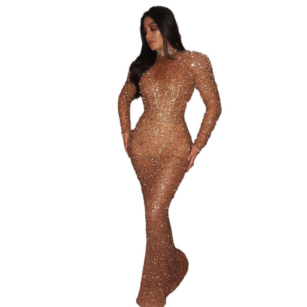 European And American Spring New Women'S Clothing Long-Sleeved Backless Golden Sexy Dress Long Dress