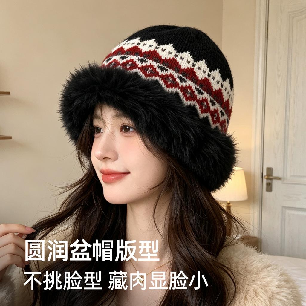 Vintage rhombus jacquard plush brim knitted hat women's winter cold wrap cheeks show small knitted bucket hat