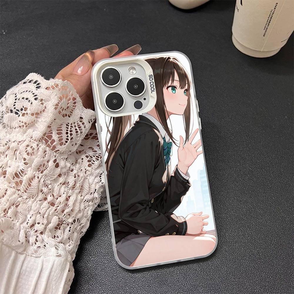 Cute Cartoon Japanese Anime Girl Colored Silver Frosted For iPhone Phone Case 17 16 15 14 13 12 11 Pro Max XR Plus Shockproof