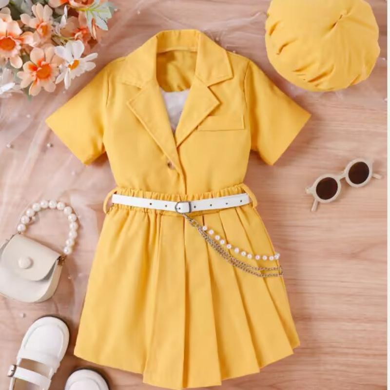 

Милый комплект для девочки Весна/лето Детский топ с лацканами, Плиссированная юбка-брюки, Шляпа с поясом, Школьный комплект 7Y жёлтый