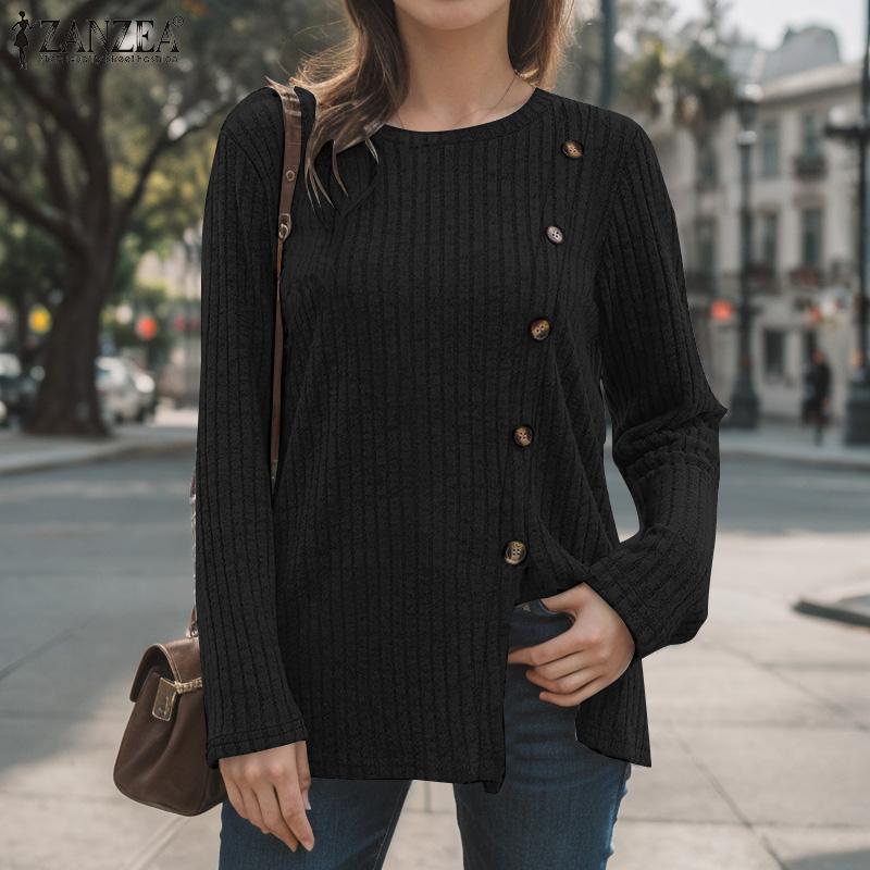 ZANZEA Women Casual O-neck Long Sleeve Split Hem Knitwear Blouse