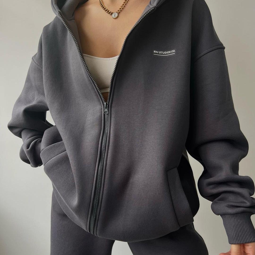 

Женский однотонный костюм с капюшоном и длинным рукавом, свободный топ, широкие брюки, осень-зима S темно-серого