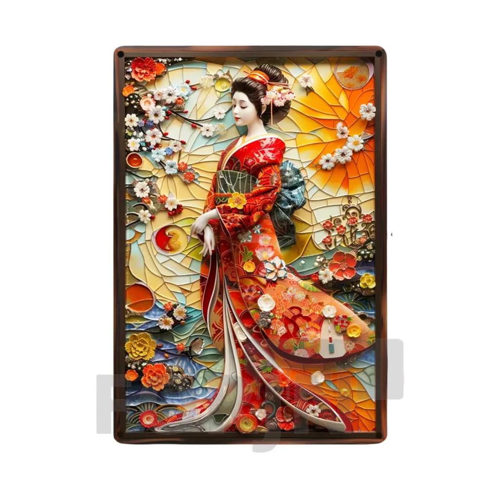 2D Japanisches Kunstposter Kimono Kirschblüten, elegantes Retro Geisha Metallschild, Zuhause, Zimmer, Büro, Izakaya, Café, Studio Wanddekor