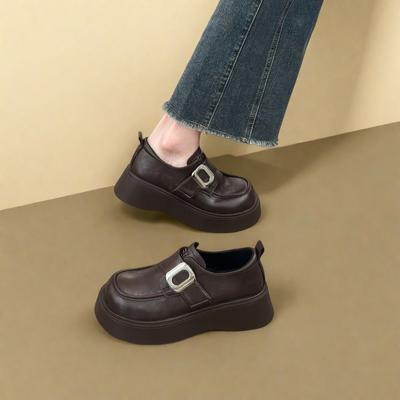Muffin Platform Loafers Velcro Versatile Round Head Single Shoes 2025 Spring and Autumn New Brown Retro Small Leather Shoes Women