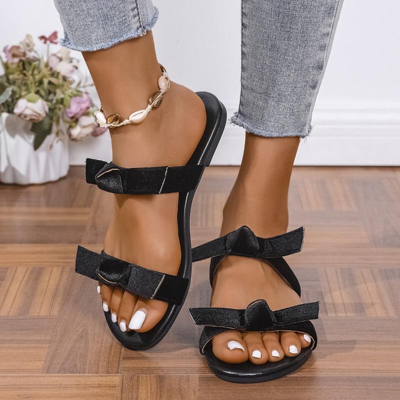 Sheepskin version~ Low-heeled flat-bottomed open-toed one-word with bow cool slippers women's summer niche beach sandals