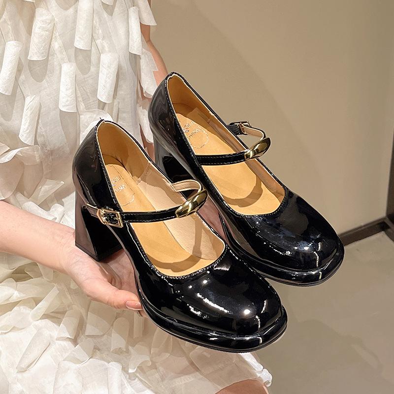 Small Man with Shallow Mouth Mary Jane Single Shoes Women's New Spring and Summer Square Head Fashion Thick Heel High Heels