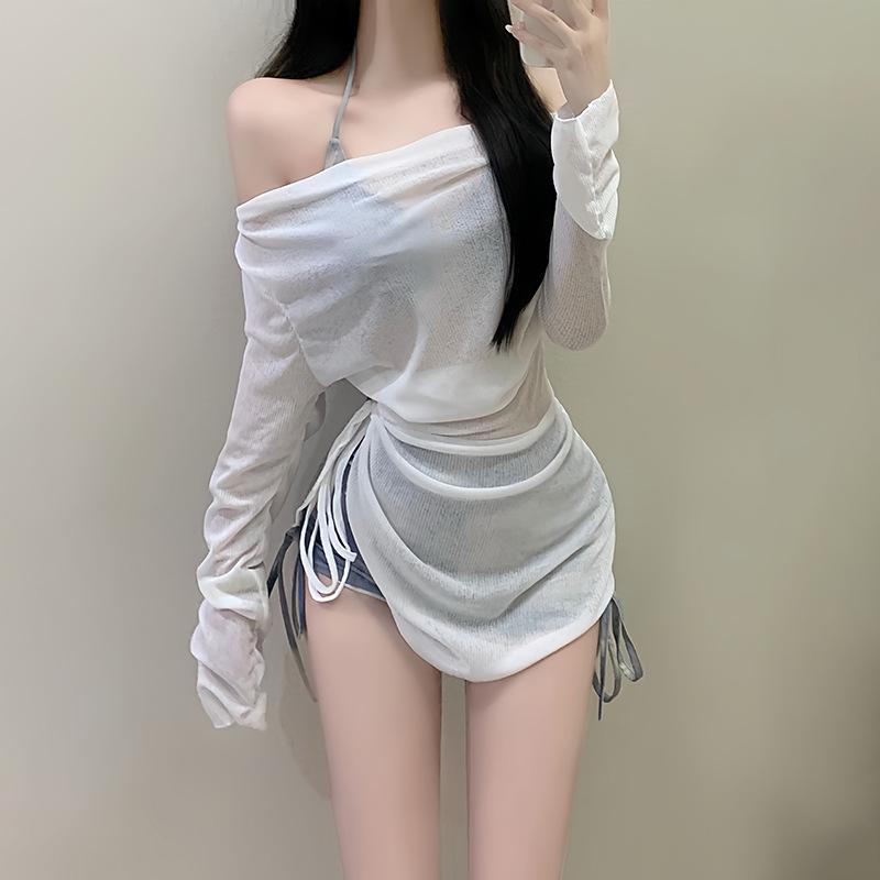 

Женский американский купальный костюм-трикини с синим тай-дай, состоящий из спортивного бикини, боксеров и накидки. L (100-110 kg) джинсовый синий