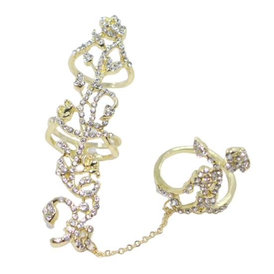 Shining Decorative Double Finger Rings Full Rhinestone Rose Flower Chain Link Rings Jewelry Gift