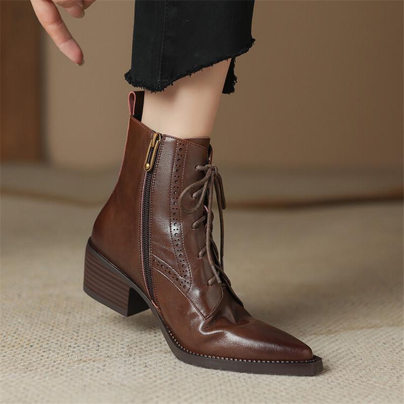 Fashion 2025 Autumn Split Leather Women Boots Pointed Toe Chunky Heel Boots for Women Fashion Ankle Boots Winter Boots Zapatos De Mujer