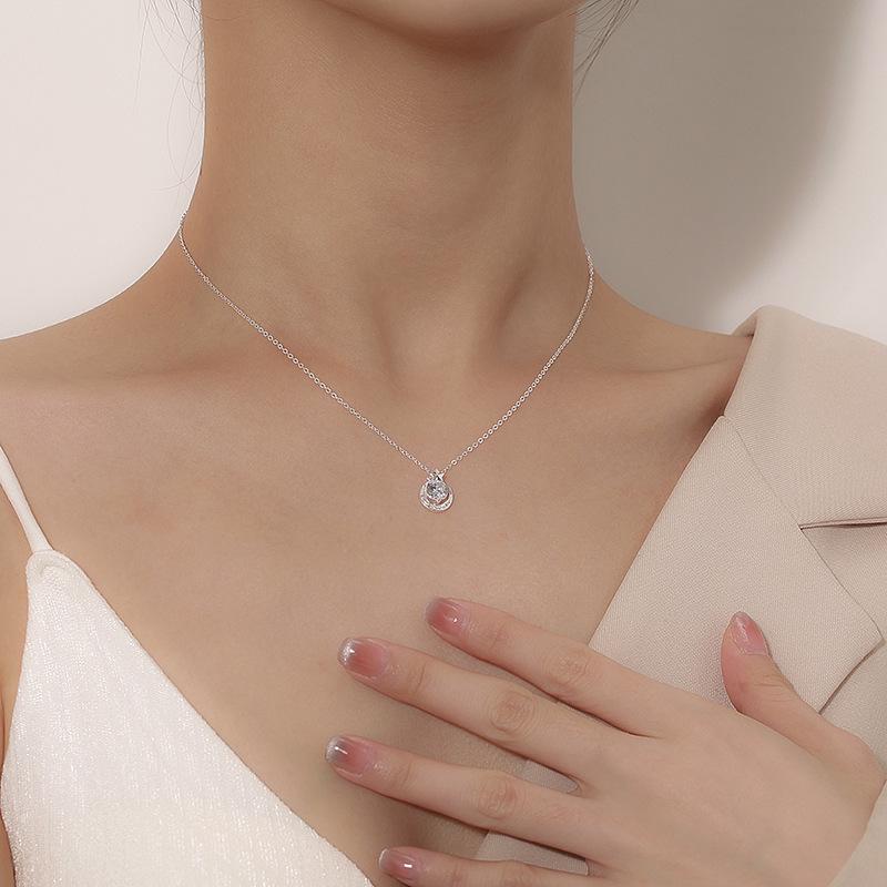 S999 Sterling Silver Star and Moon Zircon Necklace - Elegant Light Luxury Design for Women