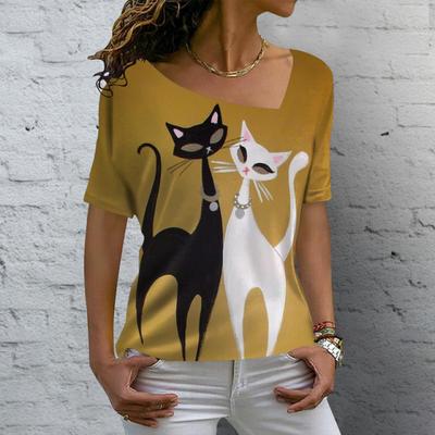 Women's T Shirt Anime Cat Graphic Leisure Clothes Summer V-neck Short Sleeve Tees Female Harajuku Streetwear Oversized Blouse
