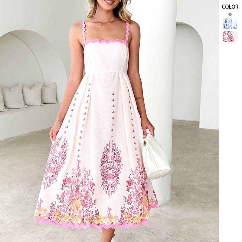 Strap Dress European and American 2025 Women Summer Fashion Print Wave Sleeveless Backless Lace-up Sling Dress