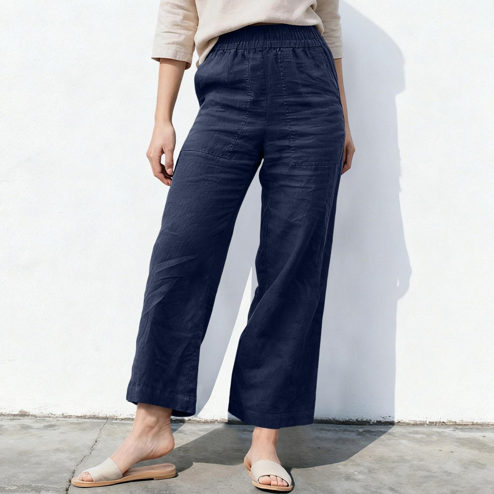Linen Pants For Women Drawstring Elastic Waist Pants Casual Loose Trousers With Pockets XL тёмно-синий