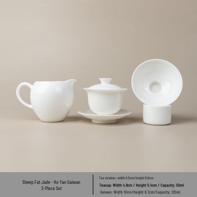 Premium White Porcelain Yangzhi Jade Kung Fu Tea Set with Three-Talent Lid Bowl, Gong Dao Bei, Tea Sea, and Customizable Tea Cups.