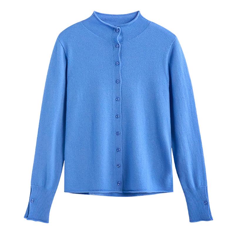 Women's Early Spring 2026 Wool Cardigan: Stand Collar, Long Sleeve, Slim Fit Knitwear