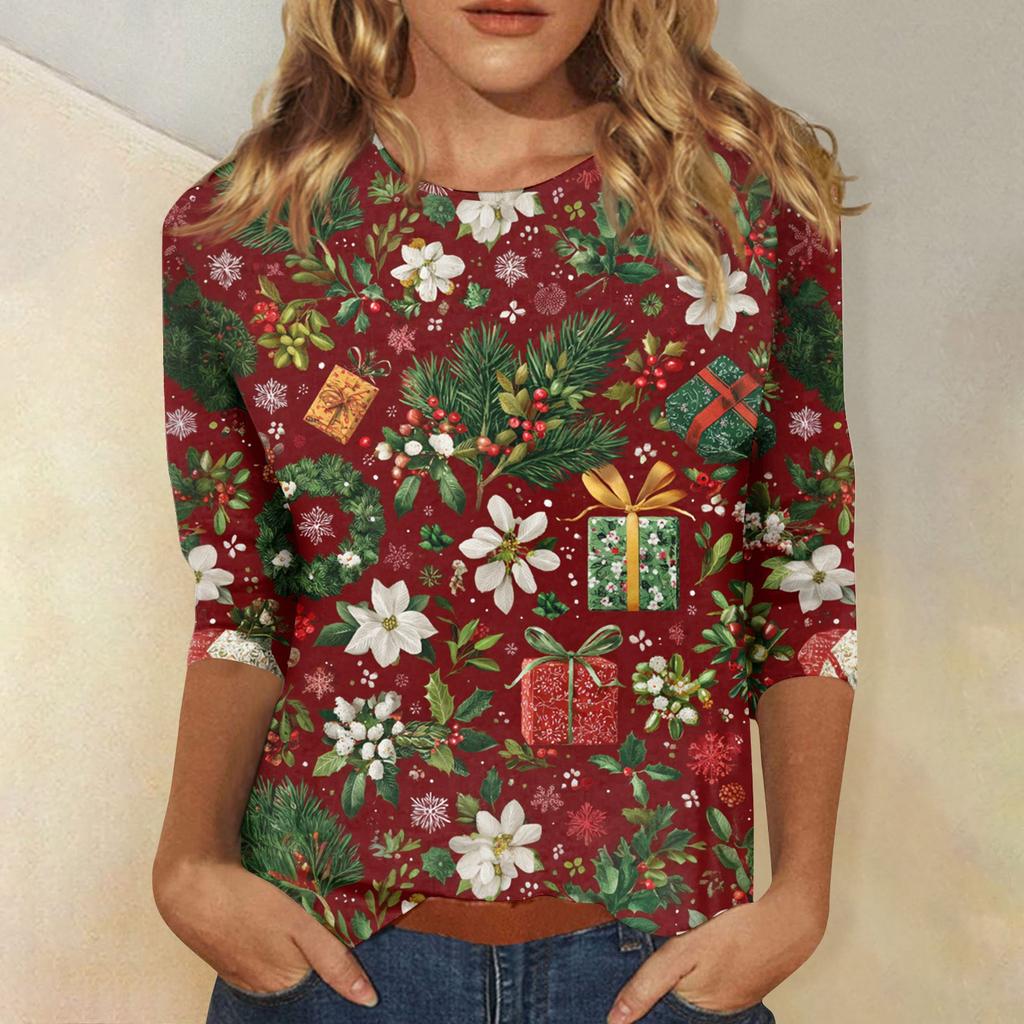 Women's Tops Three-quarter Sleeve Shirt V-neck Loose Casual Shirt Print T-shirt