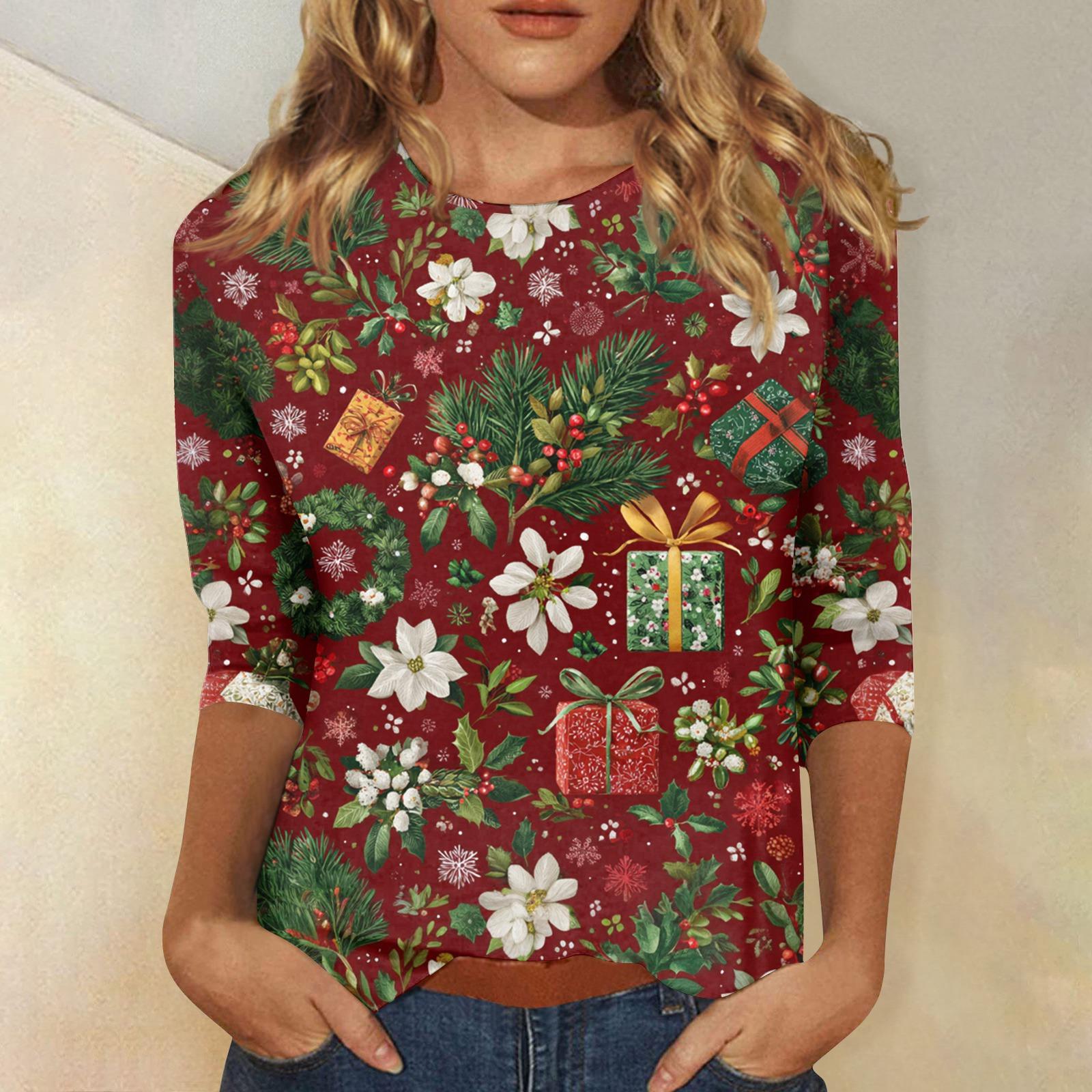 

Женские топы Рубашка с рукавом три четверти V-образный вырез Свободная повседневная рубашка Футболка с принтом L