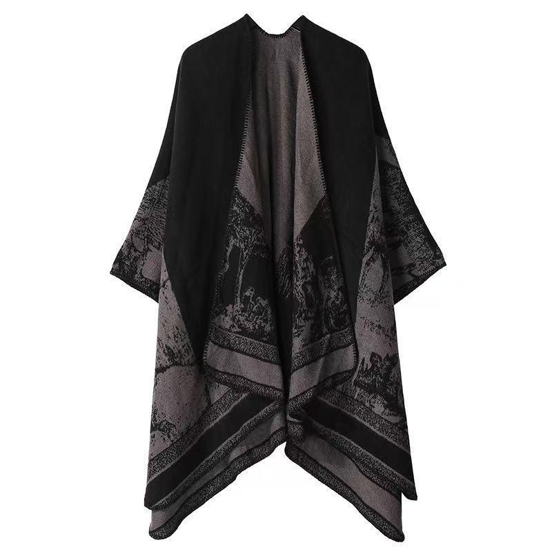 Women's Black & Grey Ethnic Jacquard Shawl with Tassels - Autumn/Winter Warm Travel Cape