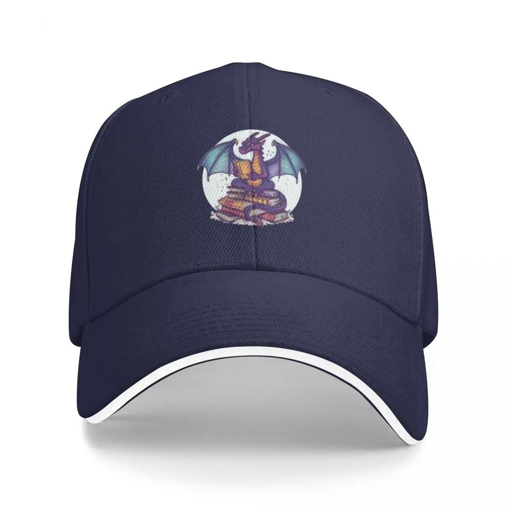 Library Tshirts Animated Dragon Reads Atop Book Stack Scholarly Whimsical Appearance Content and Focused Expres Baseball Cap