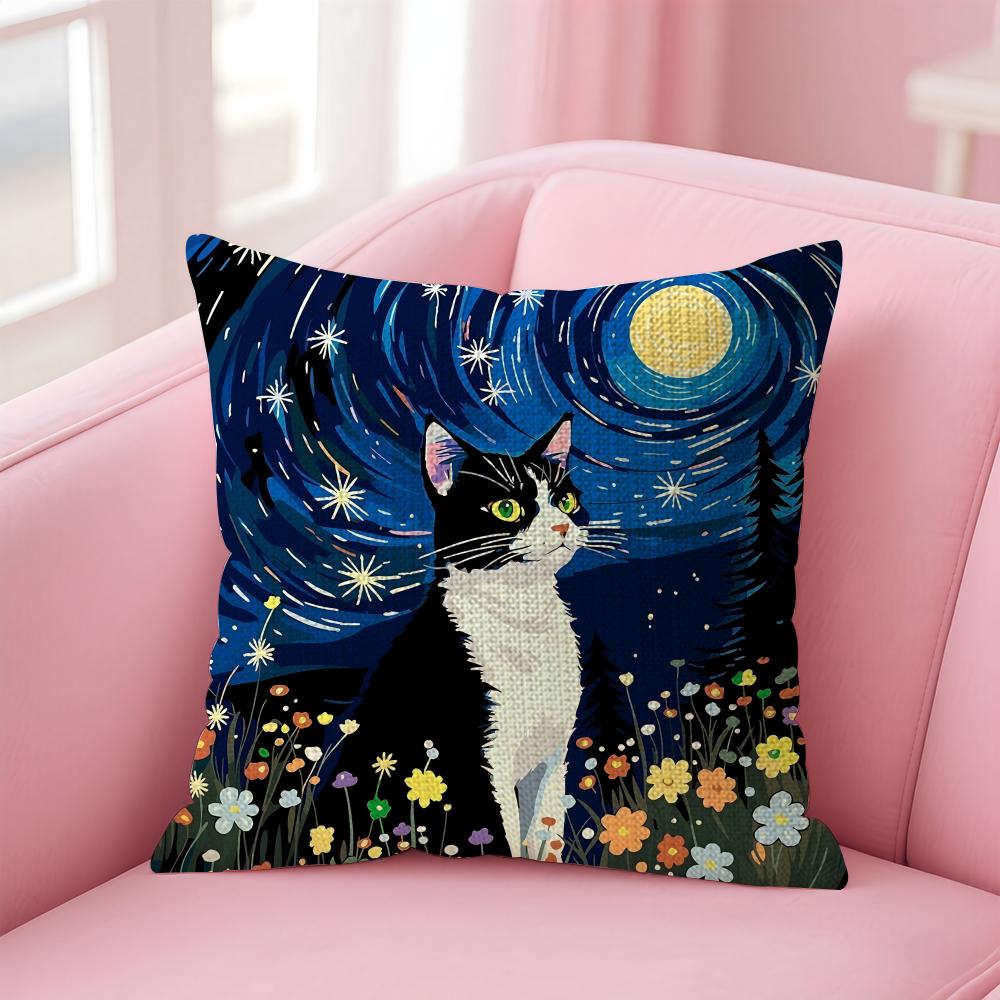The Starry Night Cat Cushion Cover Natural Linen Pillow Case Double-Sided Print Decorative Sofa Pillowcase Home Decor Gift