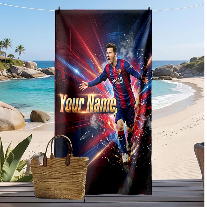 Asciugamano da Spiaggia Personalizzato Stampato Lionel Messi Logo Calcio Supporto Nome Personalizzato Testo Asciugamano Assorbente Per Sport Viaggio Regalo Speciale