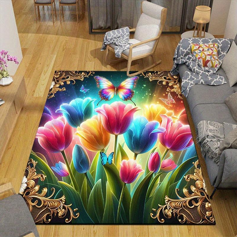 1pc Flowers and butterflies Print, Design Indoor Area Rug, Soft, Anti-Slip, and Durable Gaming Room Decor for Bedroom, Living Room, and Exer