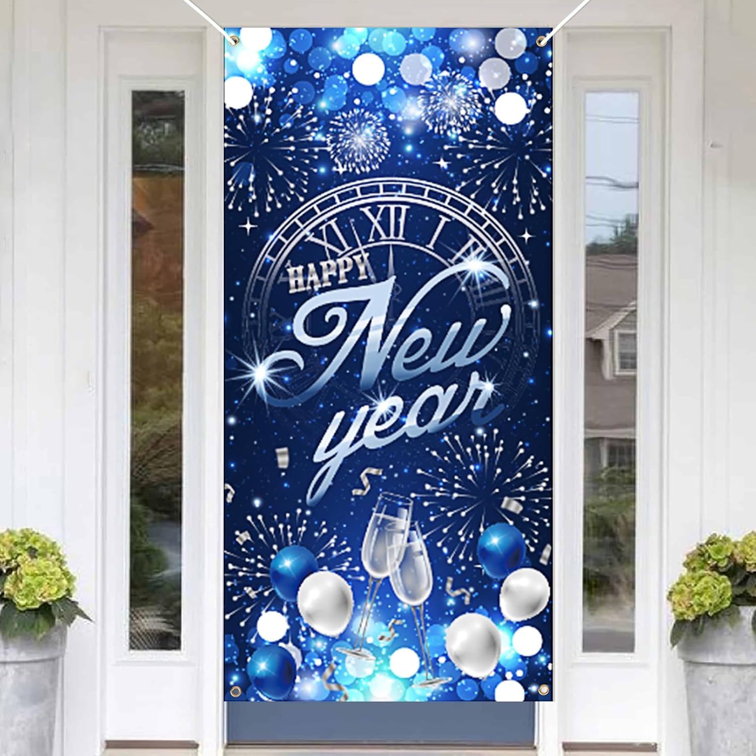 Happy New Year Door Cover,Blue Silver Firework New Year Door Hanging Sign Banner,New Years Eve Party Decorations,2025 New Years Eve Party