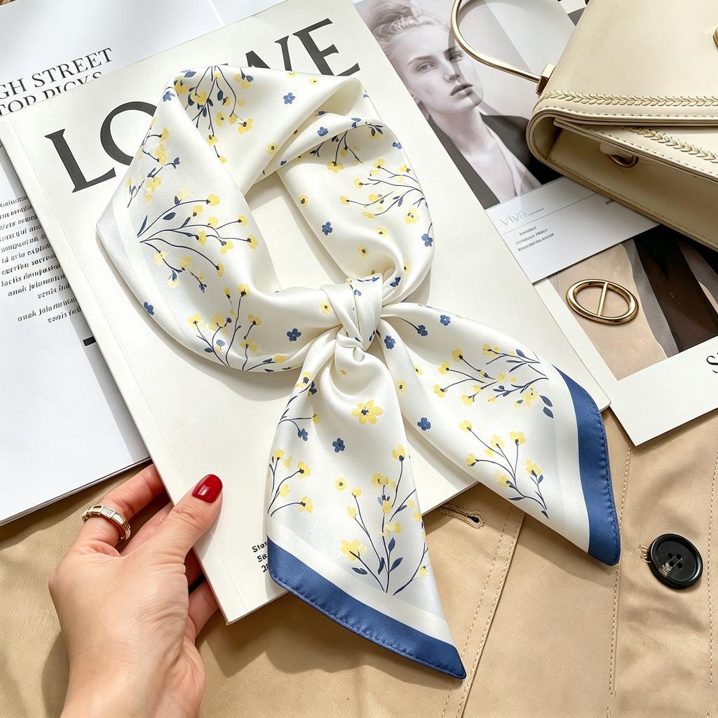 Commuter elegant flower silk scarf women's contrasting color retro printing satin scarf shirt with multi-purpose decorative small scarf