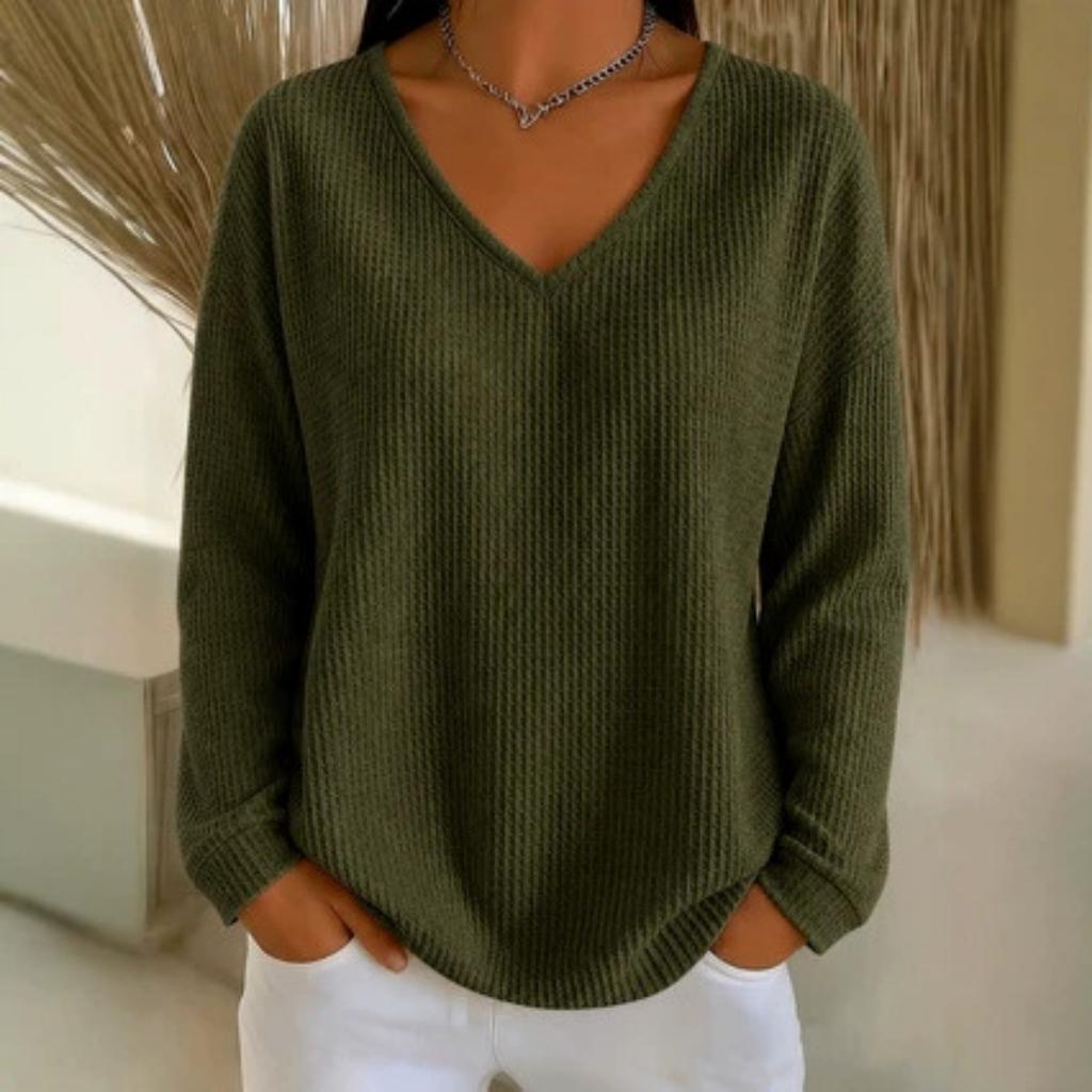 T-shirt à manches longues gaufré col en V décontracté ample pour femme Automne Hiver Couleur unie Haut polyvalent pour Européen Américain