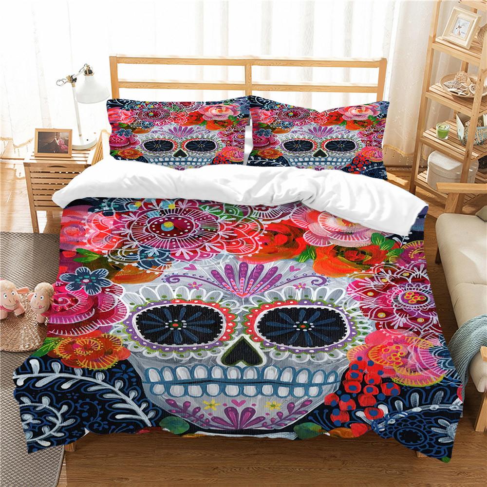 Totenkopf-Bettwäsche, Mikrofaserstoff, schwarzer Totenkopf-Druck, Bettbezug und Kissenbezug, 2 oder 3 Einzelbetten, Doppelbett, volle Größe, Heimdekoration