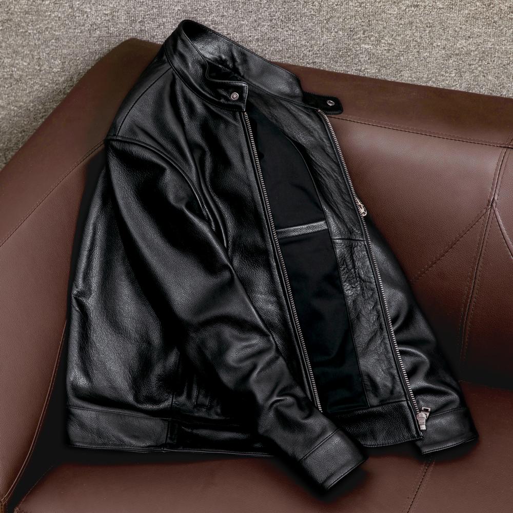 Genuine Cowhide Leather Jacket for Men Fashion Stand Collar Short Casual Biker Coat