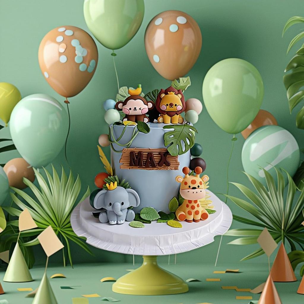 Safari Zvířátka Toppery na Dort - Džungle Divoké Dekorace na Dort s Lvem, Žirafou, Slonem a Opicí pro Divokou Džungli Tématickou Párty