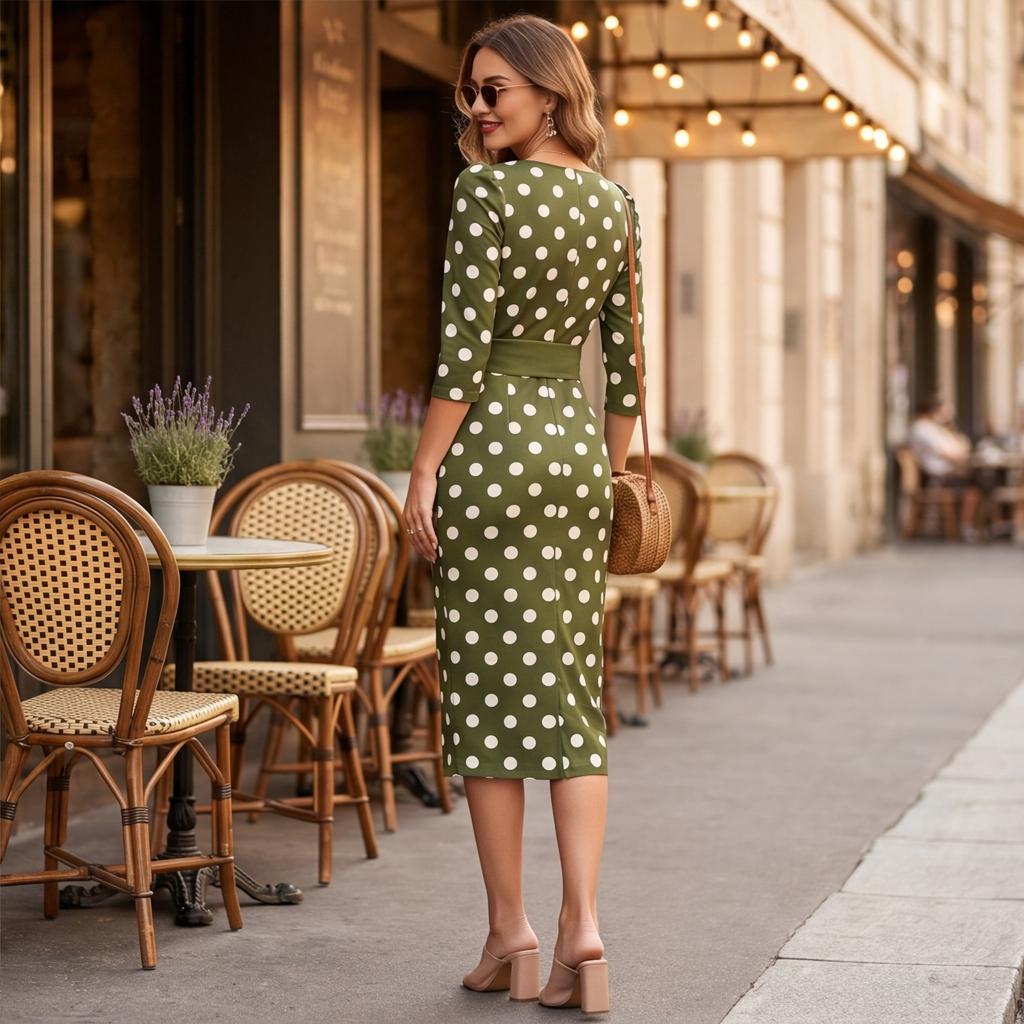 Damen Sommer Mode Polka Dot Bodycon Kleid mit Rundhalsausschnitt Gürtel Taille Enganliegend Midi Kleid