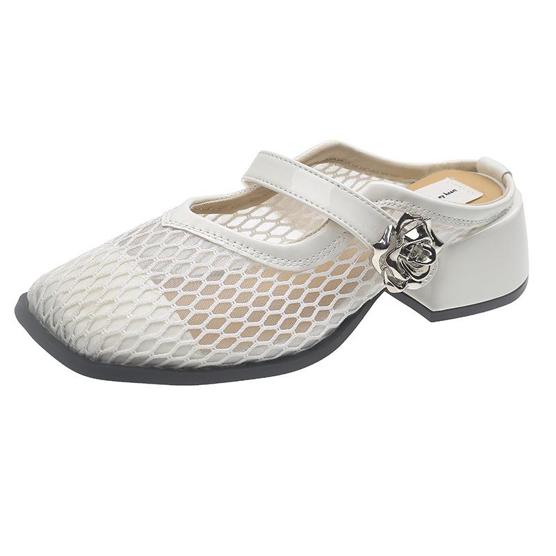 

One-word buckle with fishing net cool slippers women s shallow mouth breathable Mary Jane ballet shoes fashionable flat-bottomed hollow slippers 35