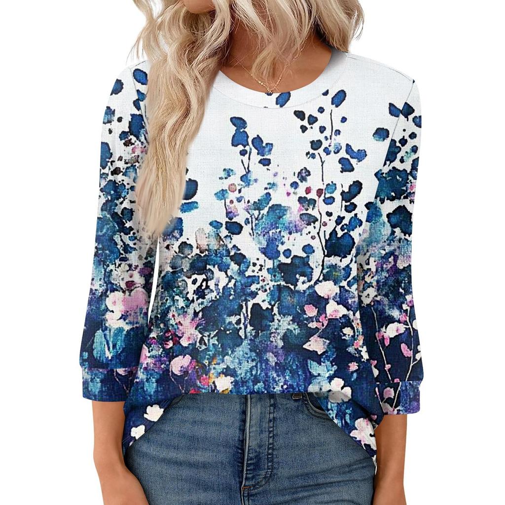 Women's Fashion Casual Round Neck 3/4 Sleeve Loose  Printed T-Shirt Ladies Top