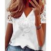 Sommerliches neues einfarbiges Damen-Oberteil mit Schnalle und Spitzen-Patchwork, V-Ausschnitt, kurzärmelig
