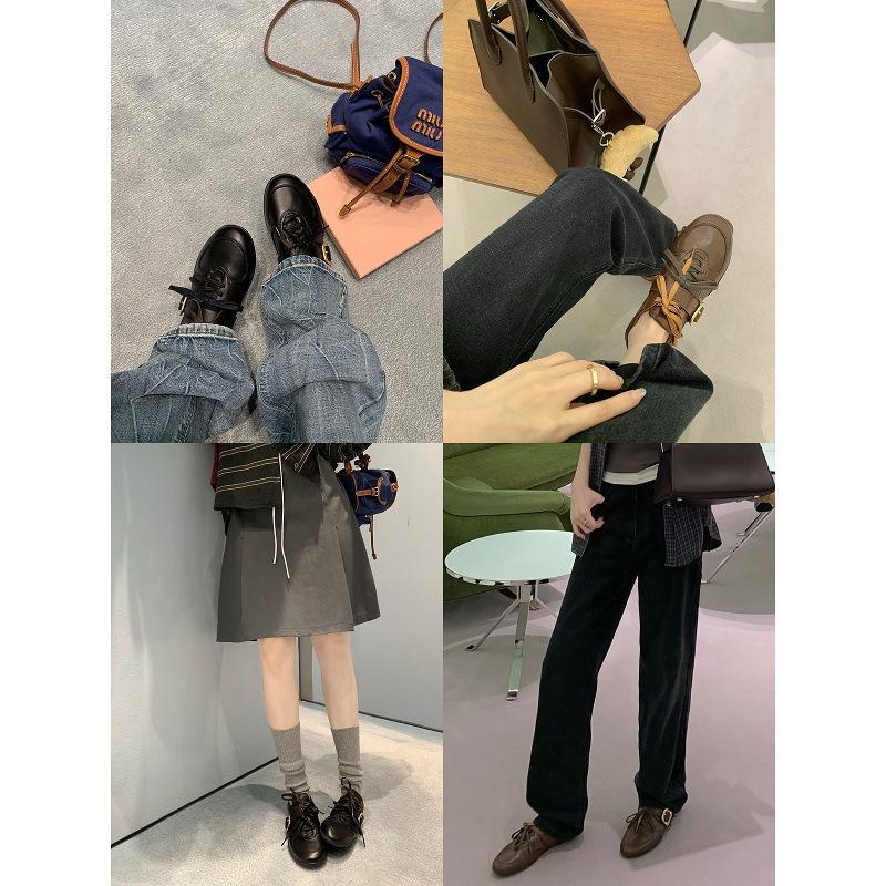 Cowhide grape ma same retro double shoelaces belt buckle sheepskin round head versatile casual moral training shoes women's small leather shoes