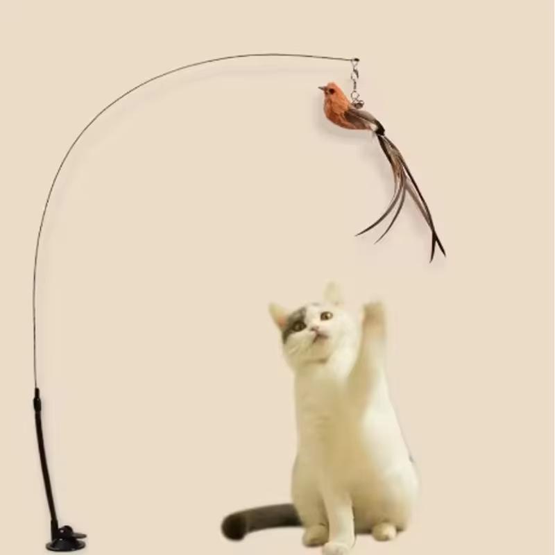 Interactive Bird Cat Feather Toy Suction Cup Teasing Cat Stick With Bell Kitten Toy Refill Replacement Bite Cat Chew Toy