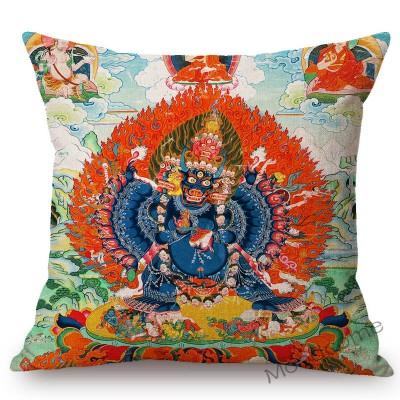 Colorful Blue Buddhism Artwork Bodhisattva Fortune God Sakyamuni Tangka Buddha Painting Sofa Pillow Case Linen Cushion Cover