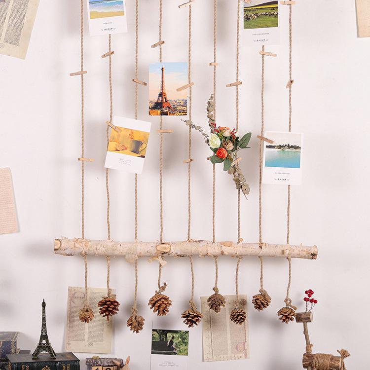 Handmade Raw Wood & Hemp Rope Photo Wall Display for Kindergarten
