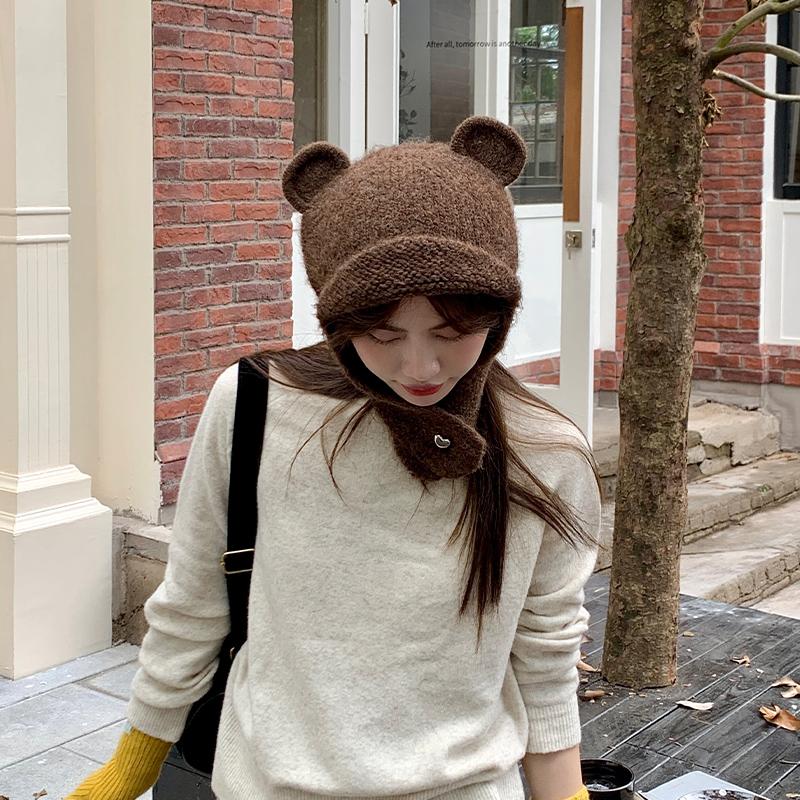 Cute Three-dimensional Bear Ears Wool Hat Women's Autumn and Winter New Warm Knitted Ear Hat Tide