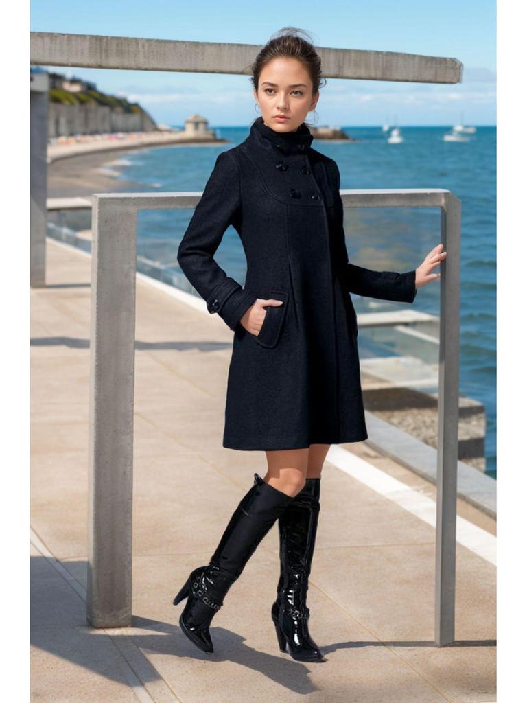 European Size Women's Mid-Length Wool Hooded Double-Breasted Cape Coat