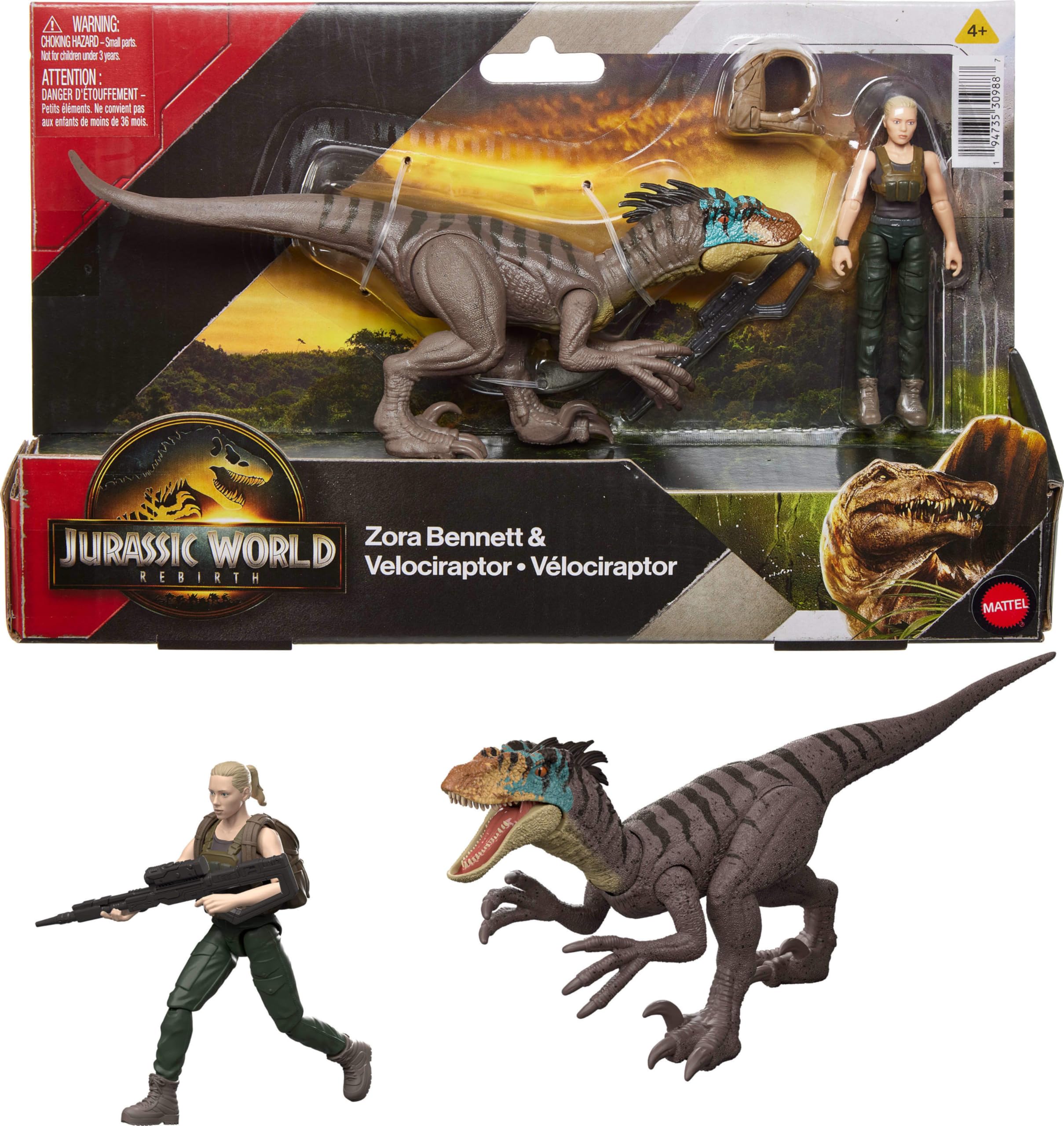 

Mattel Jurassic World Reborn Фигурка человека-динозавра Зола Беннет Коллекционная и Набор и Велоцираптор, Масштаб 3,75 дюйма, как в фильме, Подвижная,