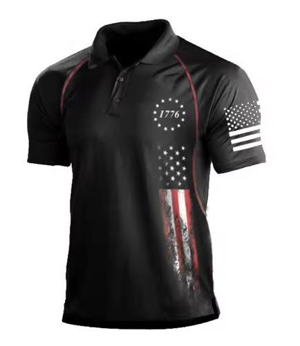 Patriotic Print Short Sleeve Polo Shirt, Casual Slim Fit, Great For Daily Wear